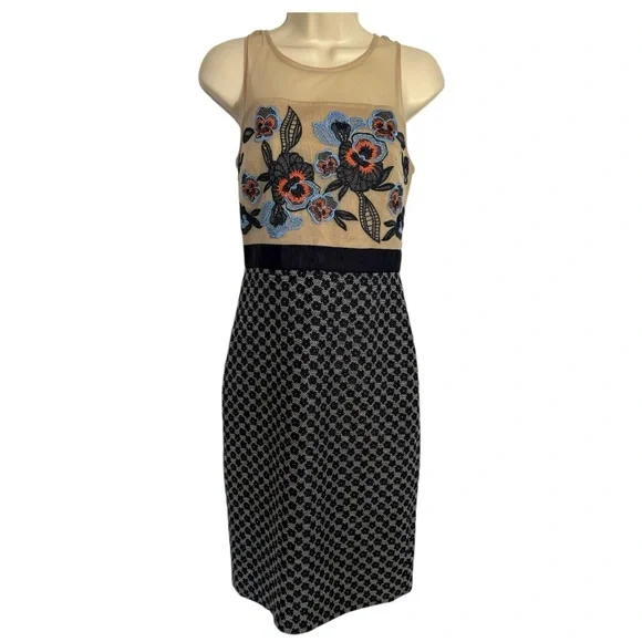 Moulinette Soeurs Embroidered Mesh Bodice Dress Navy Floral Lace Size 2 - Picture 3 of 14